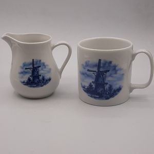 Vintage Delft-Blauw Blue & White Coffee Mug and Creamer Made In Holland